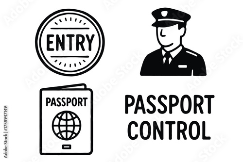 Passport control icons featuring officer, entry stamp, and passport illustration