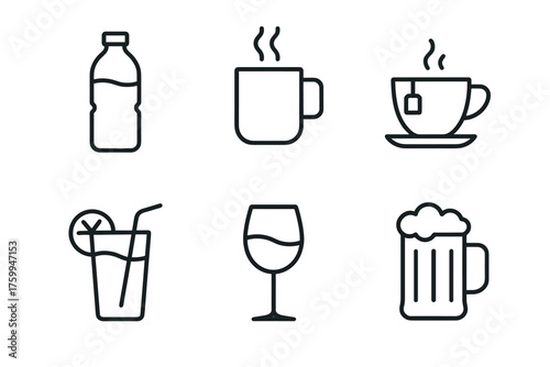 Variety of beverage icons including water, coffee, tea, juice, wine, and beer
