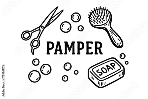 Pamper essentials: scissors, hairbrush, soap, and bubbles illustration in black and white
