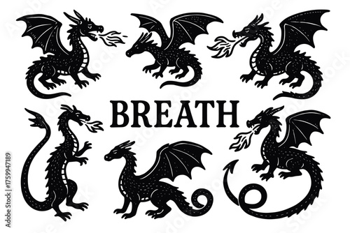 Set of fire-breathing dragons silhouettes with wings and tails