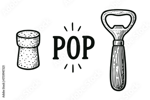 Vintage bottle opener and cork illustrative design with pop text