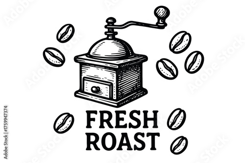 Vintage coffee grinder with fresh roasted coffee beans illustration
