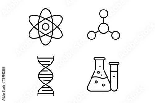 Science icons: atom, molecule, dna, and chemistry beakers