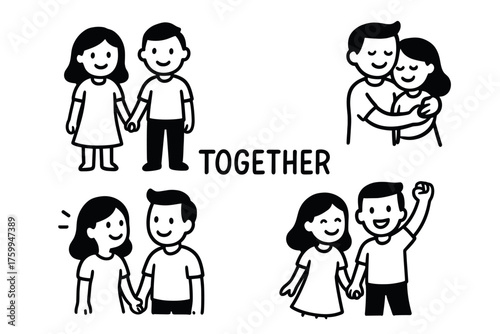 Cartoon couple in various poses of togetherness and affection