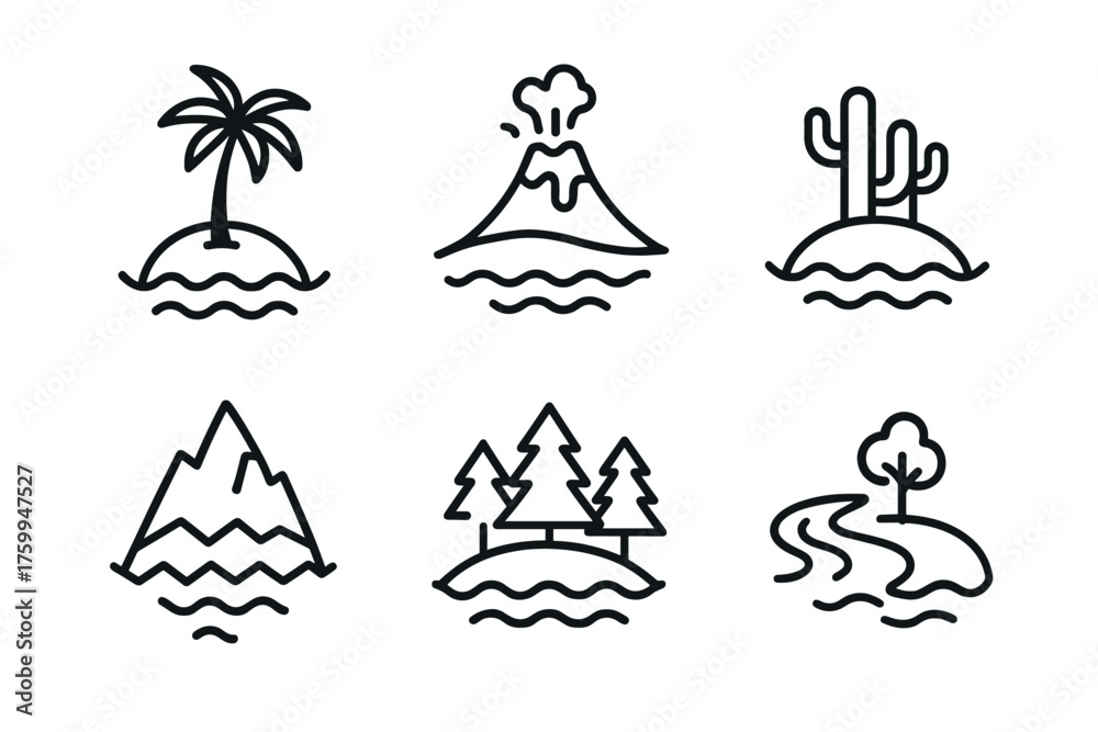 Fototapeta premium Collection of minimalist island and nature icons with trees, mountain, and volcano