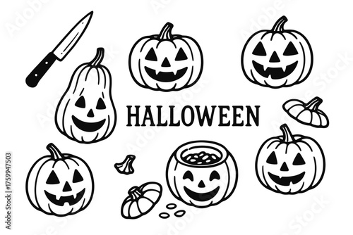 Halloween themed black and white pumpkins and knife collection