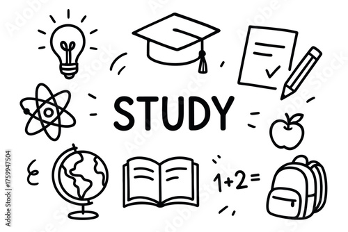 Education symbols: study tools and learning icons including books, globe, and graduation cap
