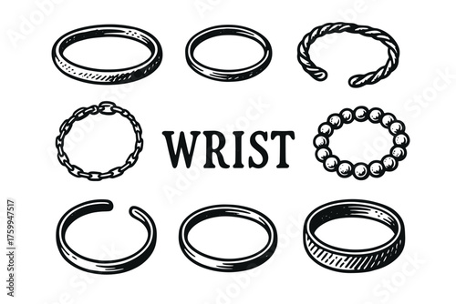 Collection of vintage wristbands and bracelets in black and white illustration style