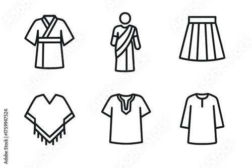 Traditional clothing icons: kimono, sari, skirt, poncho, t-shirt, tunic