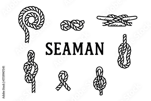 Various nautical knots and ropes with seaman text in black and white illustration
