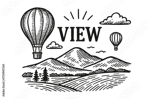 Scenic mountain view with hot air balloons and clouds in black and white illustration