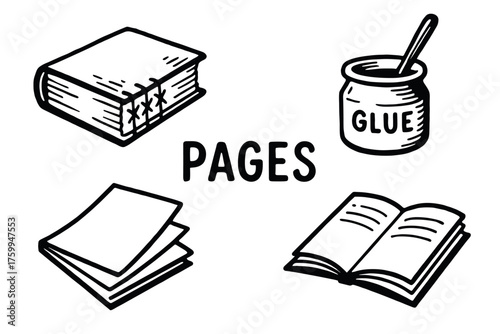 Illustrated items: hardcover book, glue, loose pages, open book