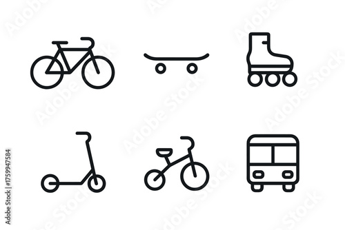 Simple transportation icons set: bicycle, skateboard, rollerblade, scooter, bus