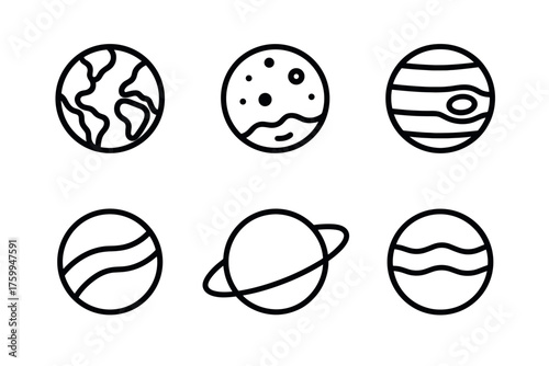 Minimalist black and white planet icons featuring earth and saturn