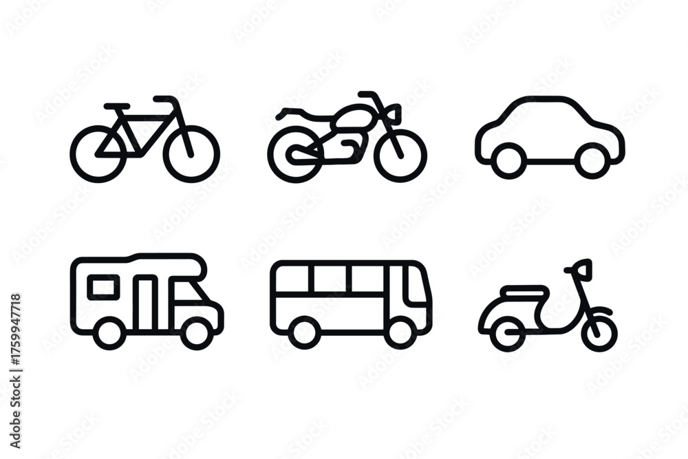 Fototapeta premium Simple outline icons of bicycle, motorcycle, car, rv, bus, and scooter
