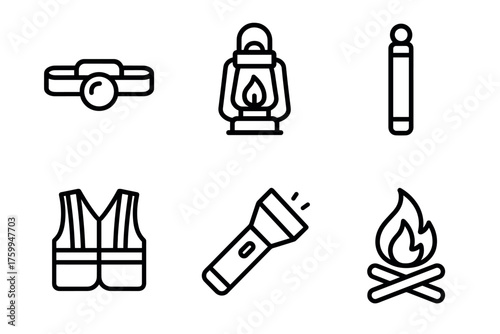 Camping essentials: headlamp, lantern, walking stick, vest, flashlight, fire