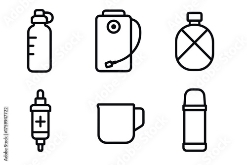 Set of camping drink containers: water bottle, hydration pack, canteen, flask, mug, thermos