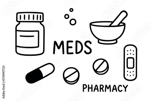 Medical icons: pills, bottle, mortar, pestle, bandage in black and white