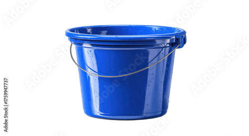 Blue plastic bucket with wire handle, isolated on black background