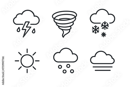 Weather icons set: storm, tornado, snow, sun, rain, fog depictions in line art