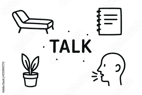 Therapy session concept: couch, notebook, plant, and talking silhouette illustration