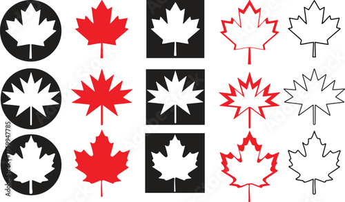maple leaves icon collection vector set. Maple leaf icon set. red and black maple leaf.