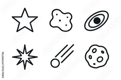 Set of black simple space icons: star, meteor, planet, and asteroid shapes
