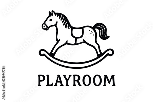 Black and white illustration of rocking horse with 'playroom' text