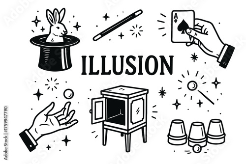 Magic tricks illustration with wand, rabbit in hat, and playing cards