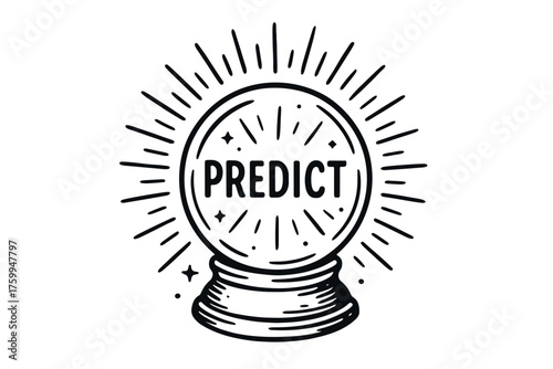 Crystal ball with predictive text and radiating lines illustration