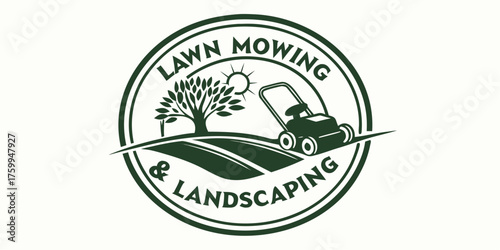 Professional lawn mowing logo design with landscaping services and a tree