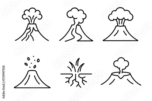 Set of six volcanic eruption icons with smoke and lava in black outline style