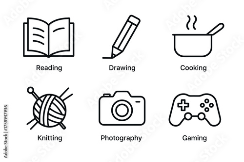 Icons representing reading, drawing, cooking, knitting, photography, and gaming hobbies