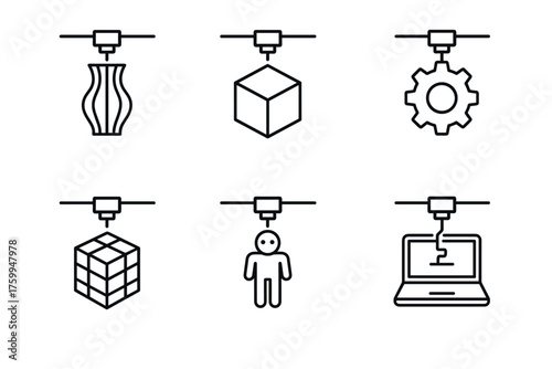 Set of 3d printing icons including vase, cube, gear, 3d model, and laptop