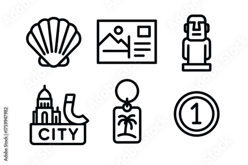 Set of travel icons: shell, postcard, easter island statue, cityscape, palm keychain, coin