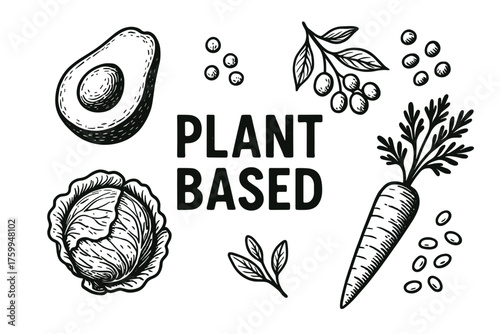 Plant-based ingredients: avocado, carrot, cabbage, berries, and seeds