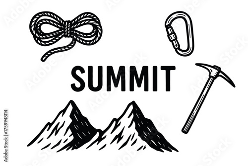 Mountain climbing gear and summit illustration with rope, carabiner, ice axe, and peaks
