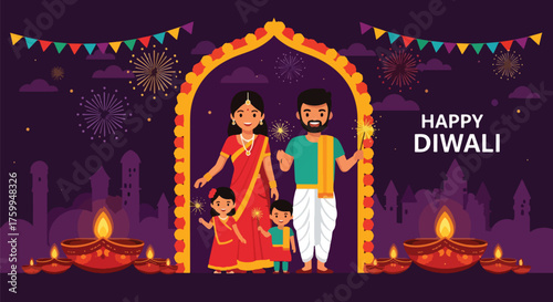 Cartoon illustration of a happy Indian family celebrating Diwali with diyas, sparklers, and festive decorations, symbolizing joy, tradition, and togetherness during the festival of lights