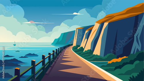 A peaceful walkway flanked by towering bluffs on one side and endless ocean on the other that offers unbeatable views of the dramatic coastline.
