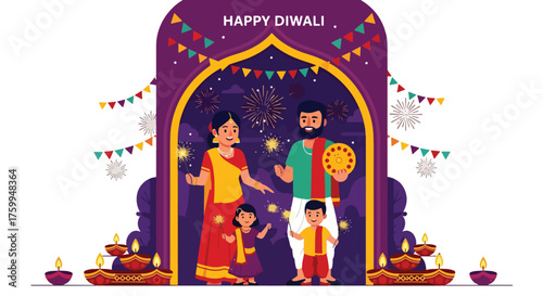 Cartoon illustration of a happy Indian family celebrating Diwali with diyas, sparklers, and festive decorations, symbolizing joy, tradition, and togetherness during the festival of lights