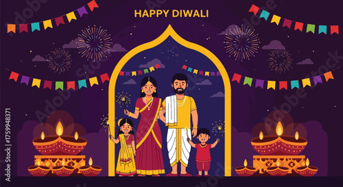 Cartoon illustration of a happy Indian family celebrating Diwali with diyas, sparklers, and festive decorations, symbolizing joy, tradition, and togetherness during the festival of lights