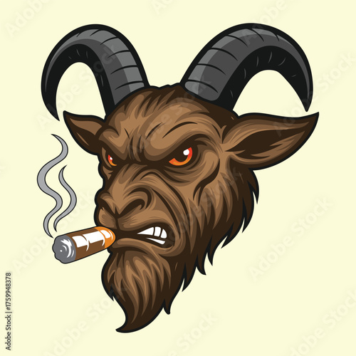 Grumpy Goat Head Smoking a Cigar Cartoon Mascot Illustration for Logo and Print Designs