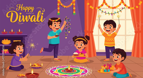 Cartoon illustration of happy children celebrating Diwali with sweets, sparklers, diyas, and decorations, symbolizing joy, family bonding, and festive traditions during the Indian festival of lights