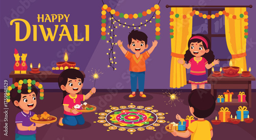 Cartoon illustration of happy children celebrating Diwali with sweets, sparklers, diyas, and decorations, symbolizing joy, family bonding, and festive traditions during the Indian festival of lights