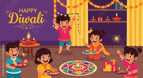 Cartoon illustration of happy children celebrating Diwali with sweets, sparklers, diyas, and decorations, symbolizing joy, family bonding, and festive traditions during the Indian festival of lights