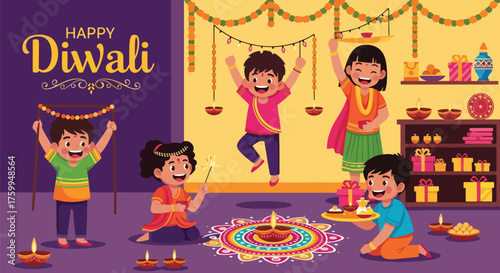 Cartoon illustration of happy children celebrating Diwali with sweets, sparklers, diyas, and decorations, symbolizing joy, family bonding, and festive traditions during the Indian festival of lights