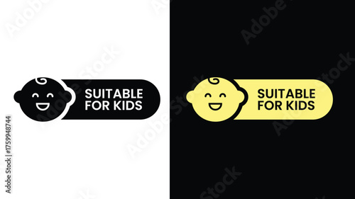 Cute 'Suitable for Kids' Label Design – Child-Friendly Icon for Packaging & Products (Black & Yellow Versions)