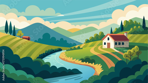 A peaceful riverside setting surrounded by rolling hills covered in lush vineyards and a quaint farmhouse nestled ast the trees.