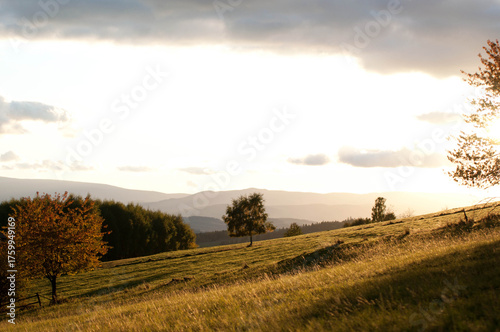 Warm sky tones and golden leaves create a peaceful and atmospheric scene. The image captures the beauty of nature and the magic of autumn in the mountains.