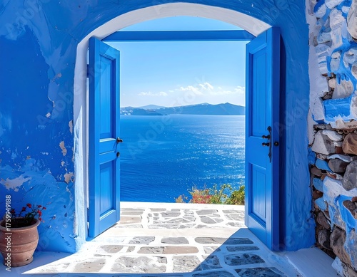 Open blue doorway framing a serene sea vista under a bright sky